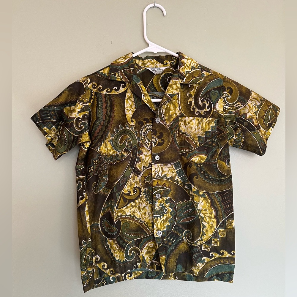 Vintage 1960s Malihini Green Hawaiian Shirt for boy kid Childs